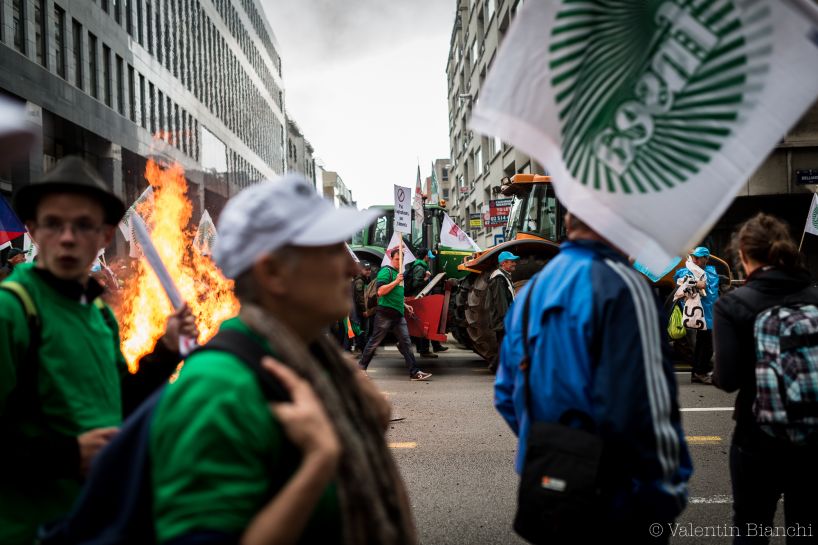 Thousands of European farmers have converged to Brussels for the event to protest against falling prices. The tractors have blocked most streets of Brussels' European district. September 7th, 2015. © Valentin Bianchi
